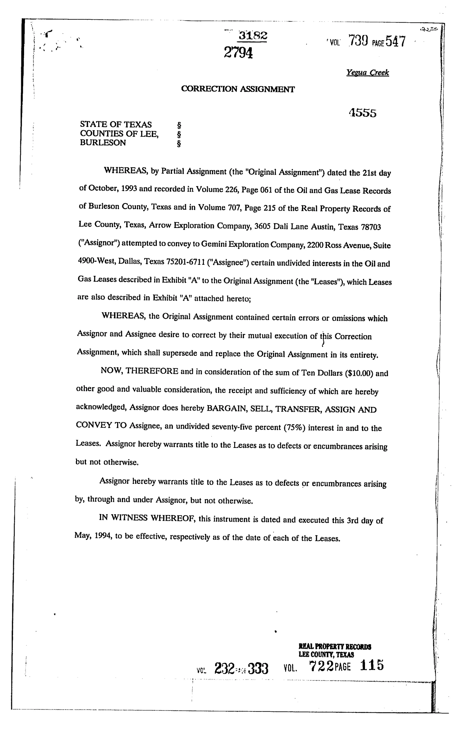 Arrow Exploration Company - Recorded Correction Assignmnt (Vol. 232, Page 333)