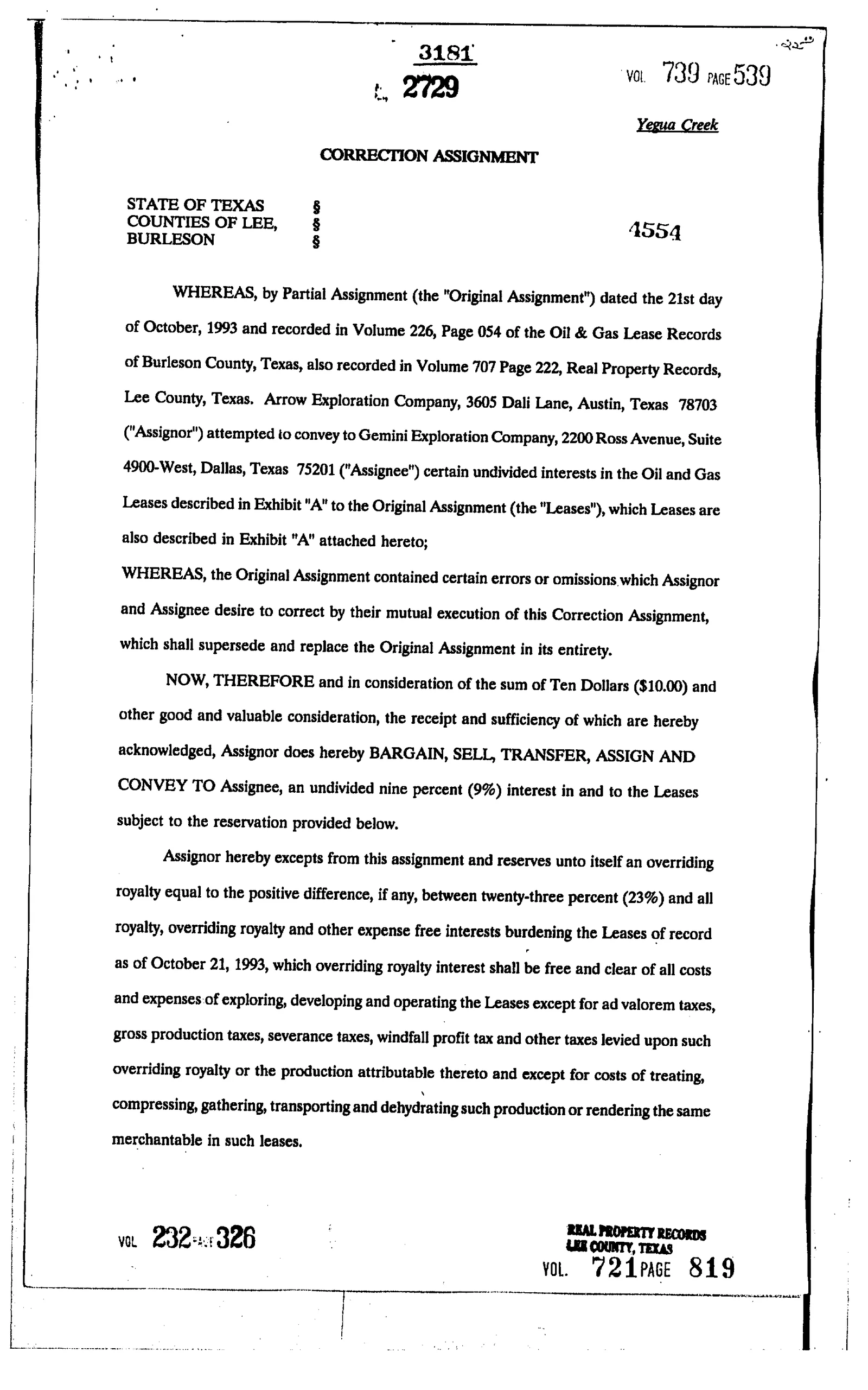 Arrow Exploration Company - Recorded Correction Assignmnt (Vol. 232, Page 326)